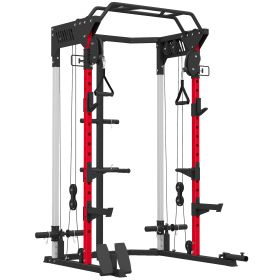 Soozier Power Cage Smith Machine, Power Rack with Adjustable Cable Pulley System, Pull-Up Bar, Dip Station, Landmine
