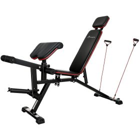 Soozier Adjustable Weight Bench with Wheels, Load 660LBS Workout Bench with Leg Extension, Preacher Curl and Resistance Bands